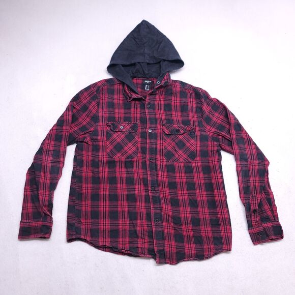 Forever 21 Casual Button Up Long Sleeve Hoodie Mens Size Large L Red Plaid - Picture 1 of 6